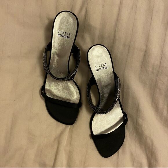 Stuart Weitzman Black Strappy Sparkly Glitter Strap Strappy Kitten Heels - Picture 3 of 7